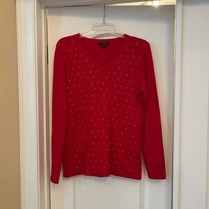 Red V-Neck Sweater with Studded Details